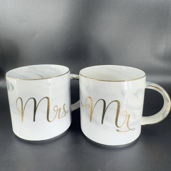 Mr & Mrs Coffee Mug Cup Set Ceramic Marble Coloring Gold Edges Wedding Gift Mugs - Picture 13 of 13